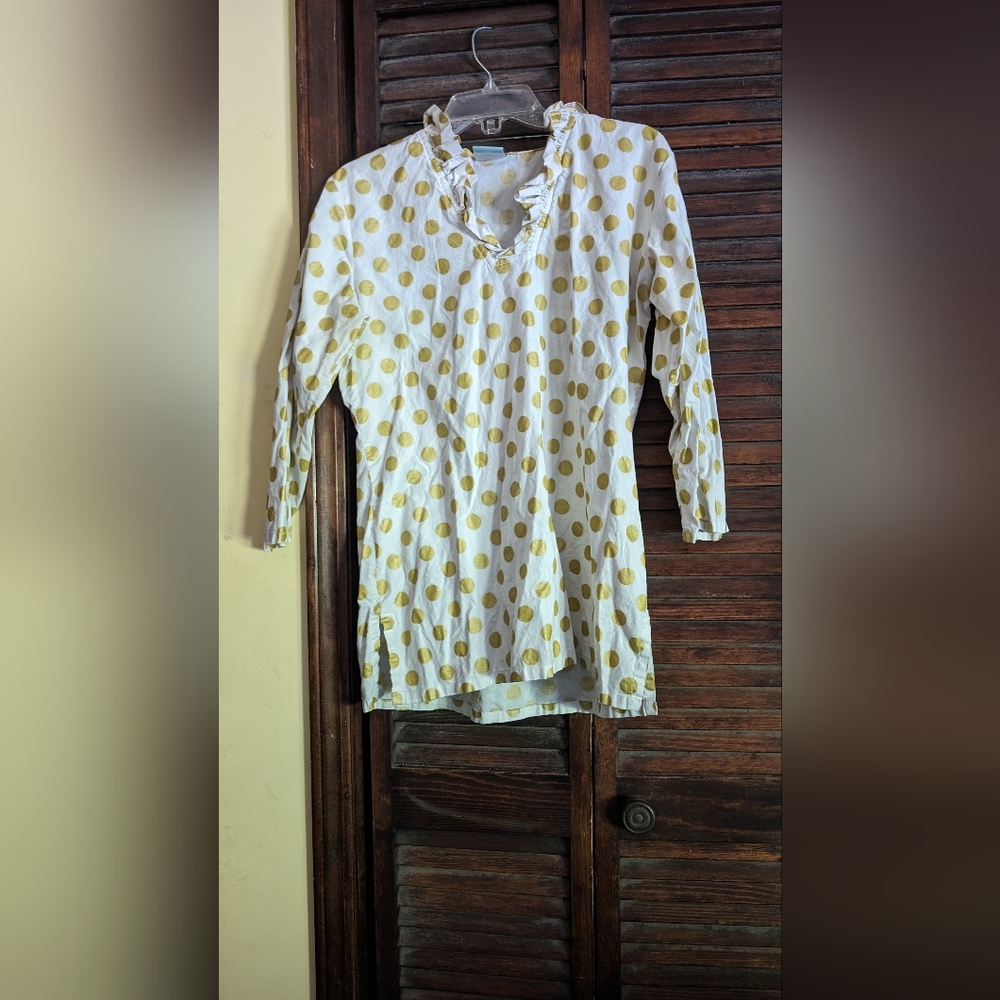 White and gold polka dot shirt by Haley and the Hound